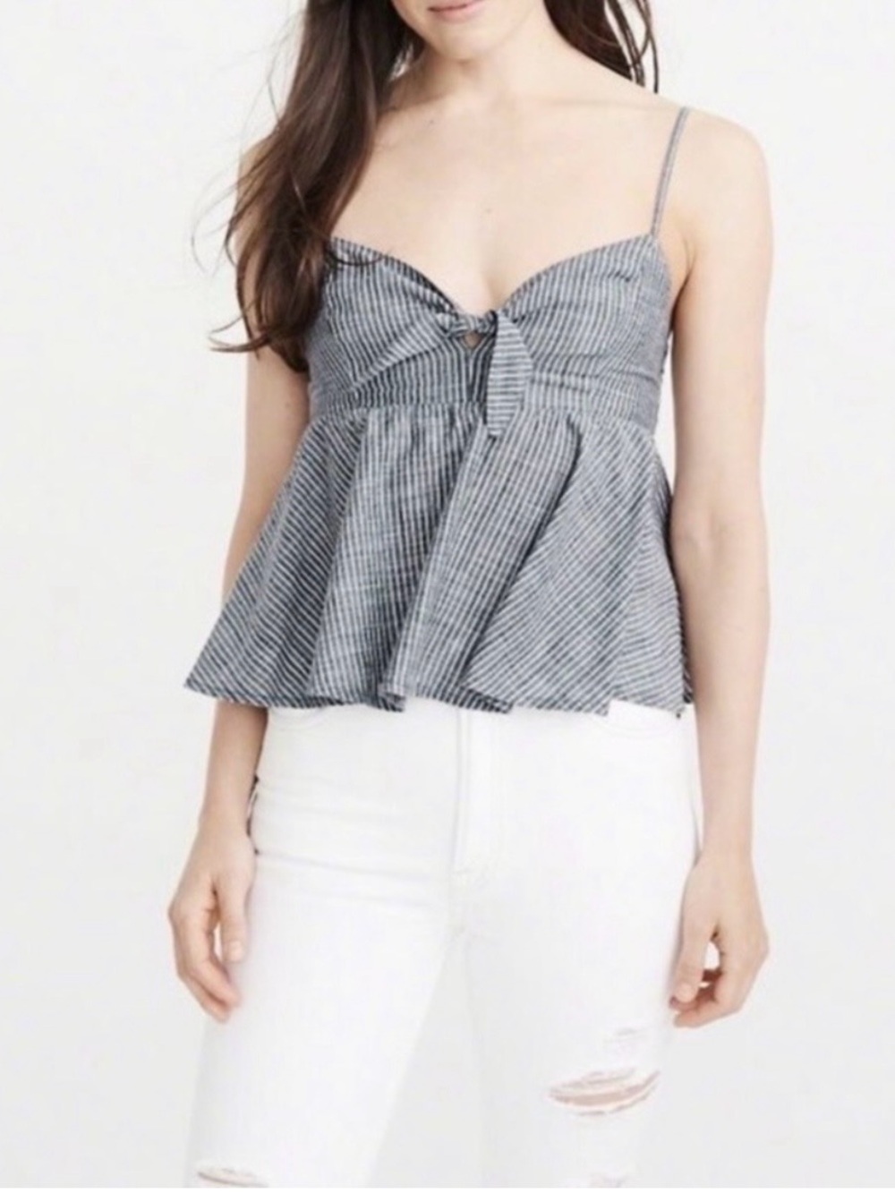 Abercrombie & Fitch Navy and White Striped Tie-Front Peplum Cami